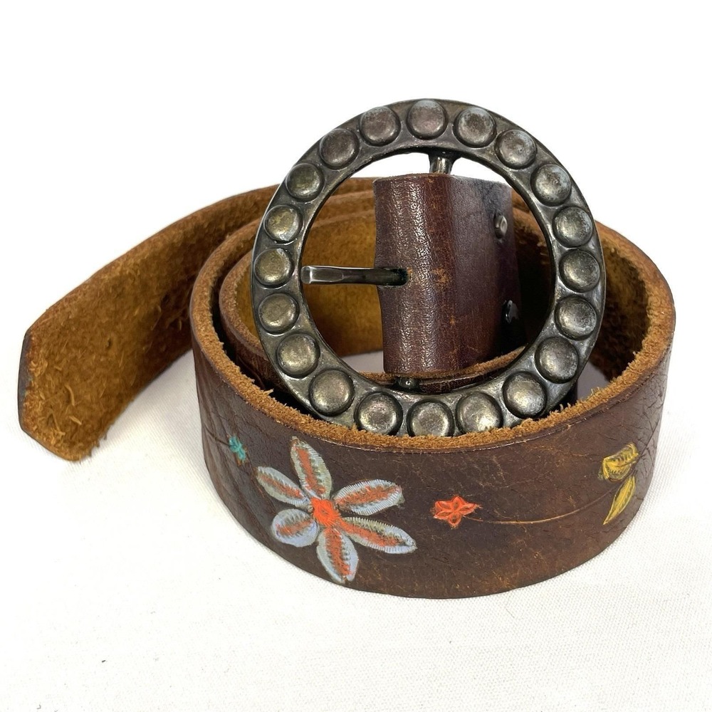 Vintage Brown Leather Belt 32 Western Boho Painted Floral Round Studded Buckle - Picture 2 of 9